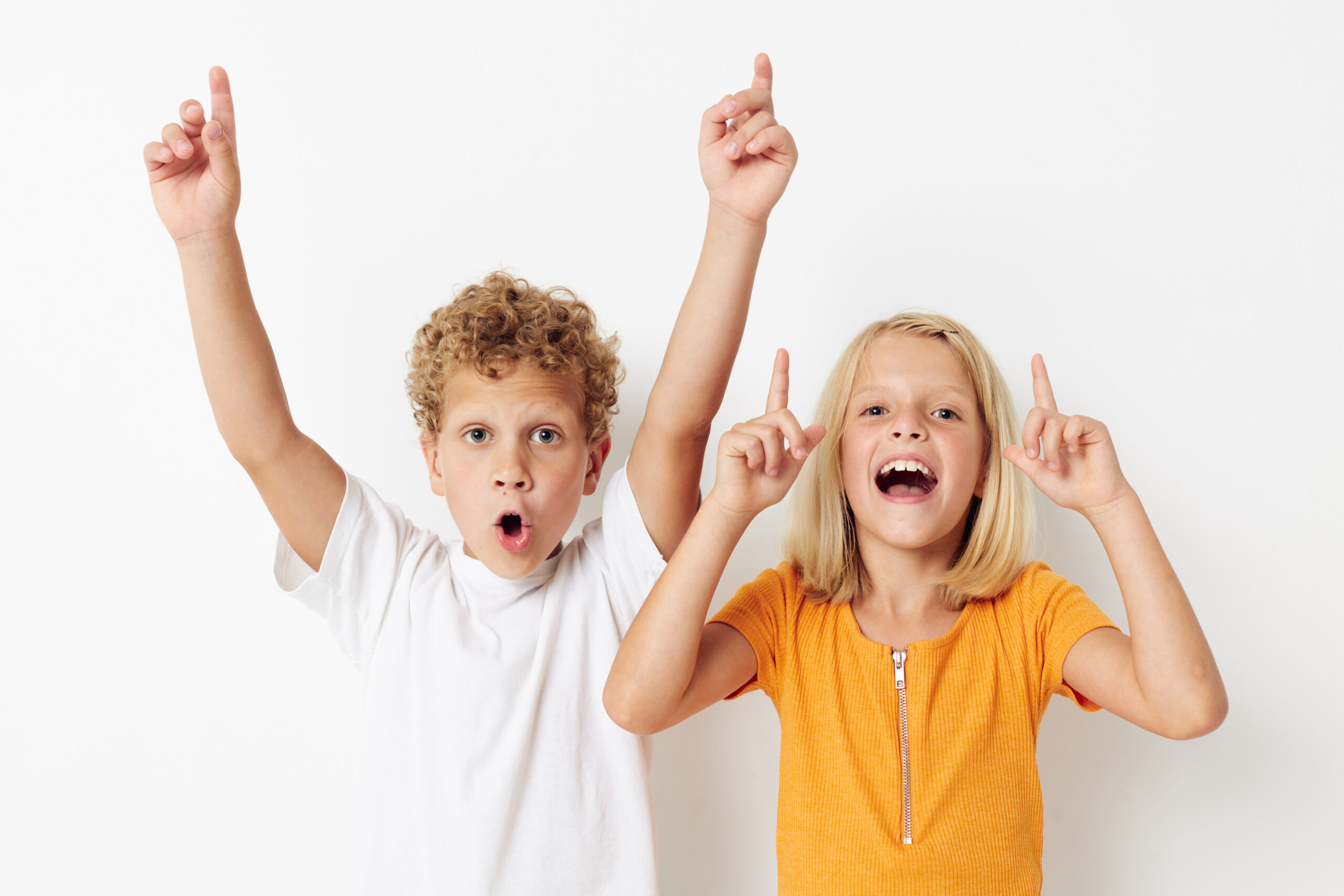cheerful children casual clothes posing emotions studio isolated background unaltered